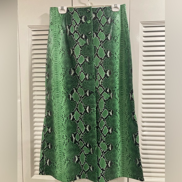 BEAUTIFUL ZARA GREEN VEGAN LEATHER SNAKE PRINT BUTTON DOWN A-LINE SKIRT LG NWT - Picture 5 of 9
